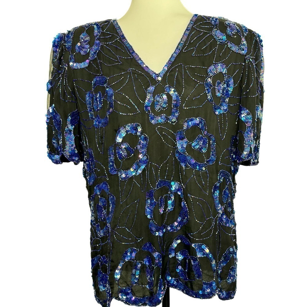 Vintage Sequined Top 100% Silk Blouse Glam Laurence Kazar Black Blue Size‎ 1X
